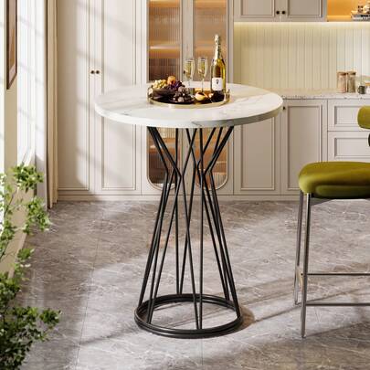 LITTLE TREE Modern Round Faux Marble Bar Table 35.4", Tall Bistro Pub Table With Metal Base For Kitchen & Dining Room, White Black