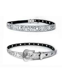 派对单件女士水钻和穿孔闪光 Y2k 风格腰带夏季、学校秋季、秋季、万圣节 - 銀色 - 查看 2