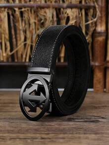 男士纹理PU皮革腰带，配箭头圆形自动扣，金色/银色/黑色镀层扣环，可调节棘轮设计，白色缝线细节，奢华商务休闲风格，父亲节和周年纪念日的完美礼物 - 彩色 - 查看 2