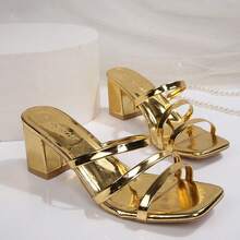 Women's Solid Color Party PU Leather Patent Thick Heel High Heel Sandals, Summer - Gold - View 6