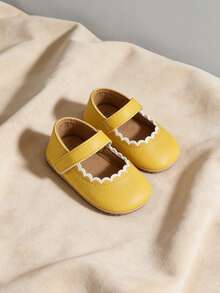 Infant Girls' Mary Jane Flat Shoes, Yellow Lace Trim Soft Sole Princess Toddler Crib Shoes, Wedding Dress Shoes - Yellow - View 6