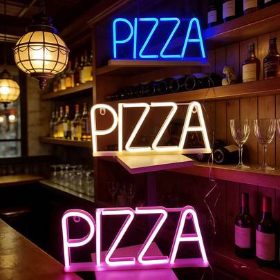 1 pieza Luz de pared LED de neón con forma de letra PIZZA, lámpara de hadas romántica con alimentación por batería/USB para decoración de fiesta, boda, cumpleaños, tienda minorista, ventana, hogar, dormitorio, sala de estar