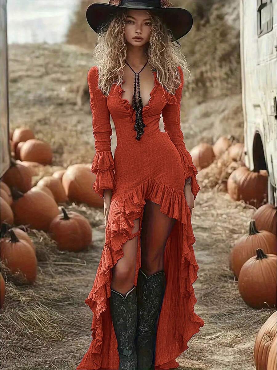 Women's Vintage Blue Ruffle Hem Dress-Long Sleeves V-Neck,Asymmetrical Detailing, Casual To Dressy, Bohemian Style,Bohemian Dress |Vintage Style Dress - 橘色 - 查看 1