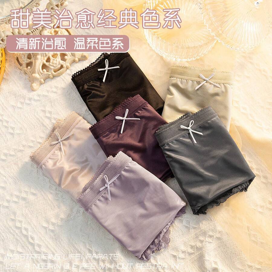 Silk Satin Panties For Women With Pure Cotton Crotch, Japanese Sweet Style, Mid-Waist, Seamless, Breathable, Lace Mesh, Plus Size Triangle Panties - Màu tím nhạt - Xem 1