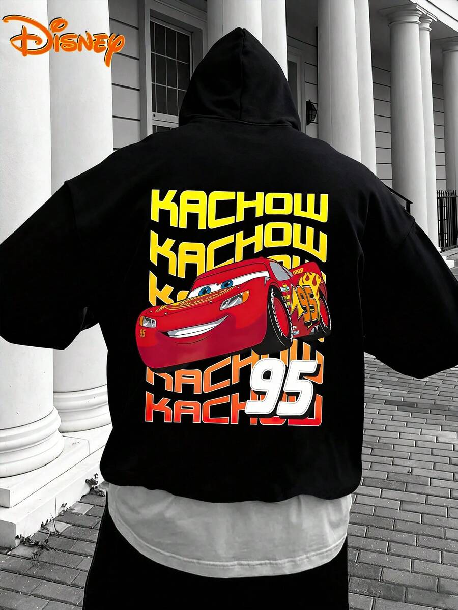 Disney Men's Casual Hoodie, "KACHOW" Stack Print, Bold Racing Design, Comfortable Fit, Perfect For  Streetwear & Fan Gatherings - màu đen - Xem 1
