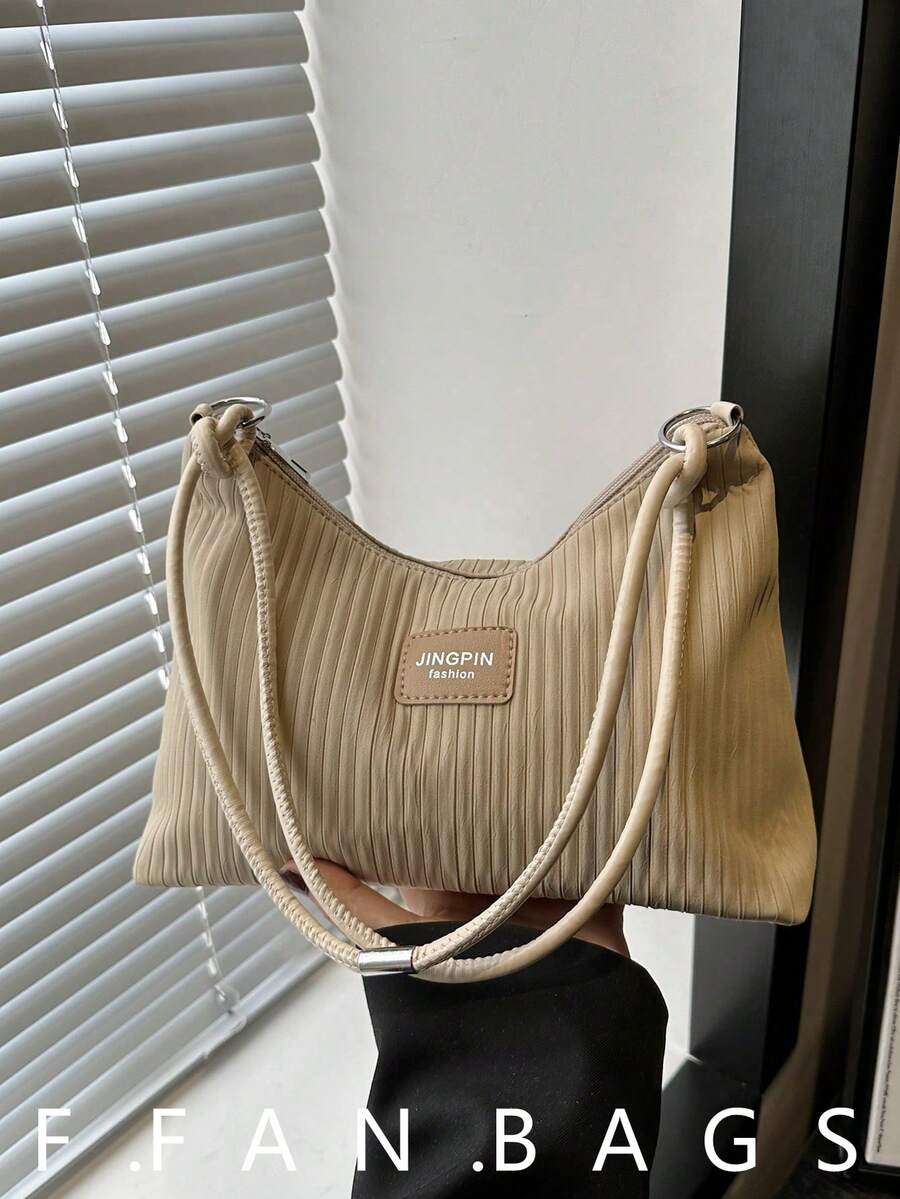 2025 New Arrival Casual Large Capacity Crease Striped Fresh Commuting Solid Color Shoulder Underarm Handbag - Khaki - View 1