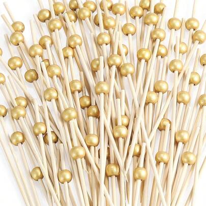 Bamboo Skewers With Golden Pearls - Elegant Fruit, Cake, Snack And Appetizer Picks - Ideal For Birthday, Graduation, Anniversary And Holiday Party Decorations