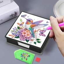 1pc DIY Diamond Art Asymmetrical Rhinestone Inlaid Painting, Bird Pattern. Black Faux Leather Self-Adhesive Memo Pad Box - Includes 160 Memo Notes. Ideal For Home, Office And School Supplies, Handicraft. Cute Stationery. Holiday Gift. - View 1