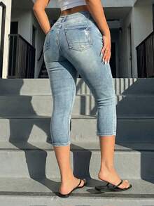 Jkorea High Waisted Capri Jeans - Light Wash Slim Fit Cropped Skinny Denim - Light Wash - View 2