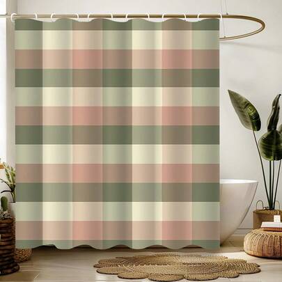 1pc Plaid Shower Curtain, Made Of Polyester, Waterproof, Non-Blackout, Suitable For Home And Bathroom Decor, Comes With 12 Hooks