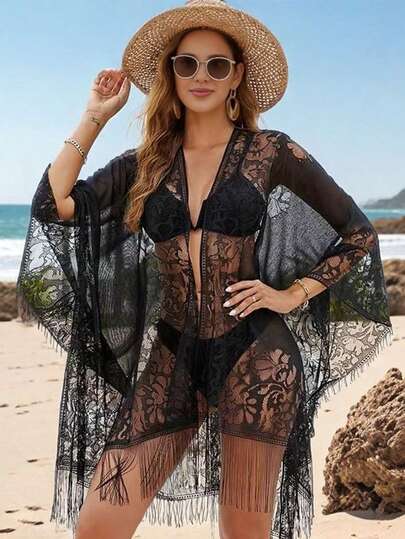 1件纯色休闲针织沙滩比基尼罩衫，春夏防风防晒刺绣披肩