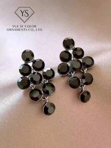 2pcs New Elegant Luxury Black Crystal Stud Earrings, Fashionable Unique Design Shiny Grape Pendant Earrings For Women - Black - View 4