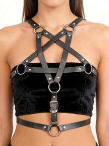 女士时尚腰带 女式街头风束胸带 可调节胸带 五角星造型 PU 皮革腰带 哥特风服装配饰 - 黑色 - 查看 8