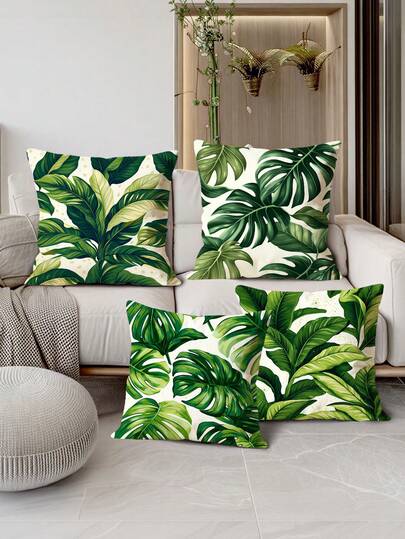 4 件套简约绿色叶子图案印花枕套，适用于各种房间类型，靠垫套 - 房间装饰、卧室装饰、节日装饰、派对装饰 - （不含枕芯） - （无刺绣） - （多种尺寸） - （单面印花）