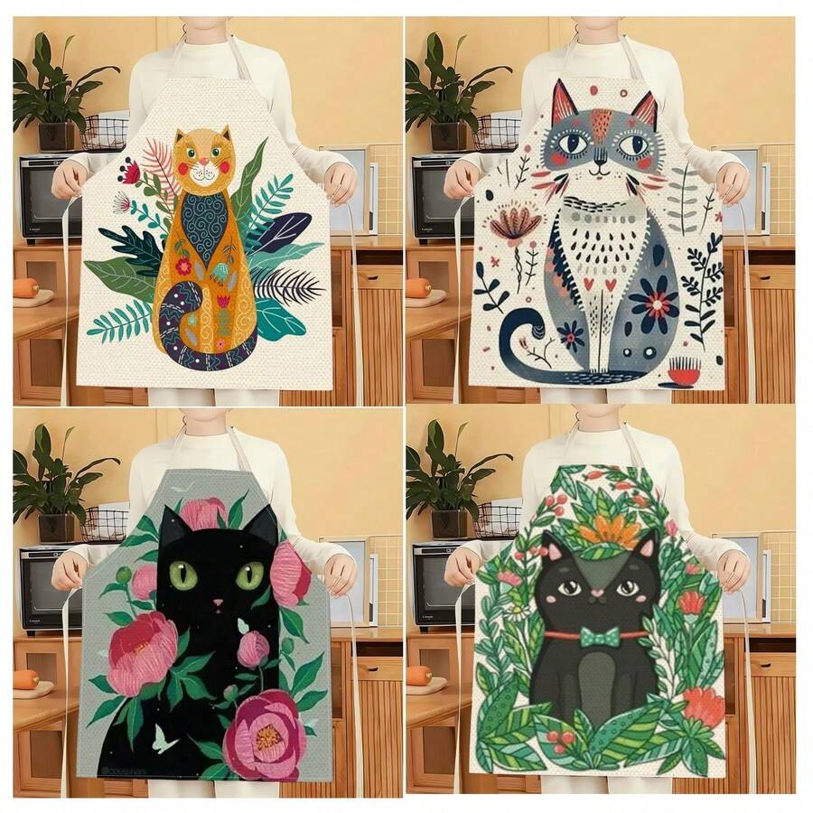 1pc Floral & Cat Pattern Apron, Creative Funny Fashionable Printed Apron, Home Cleaning Apron, Easy Clean Kitchen Cooking Apron, Creative Home Apron - Multicolor - View 1
