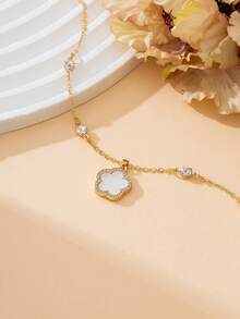 1 chiếc dây chuyền mặt hình cỏ ba lá lấp lánh cổ điển, đa năng, thiết kế ngọt ngào và may mắn, sản phẩm mới mùa hè dành cho nữ. - trắng - Xem 5