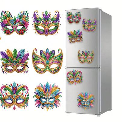 6pcs Diamond Art Refrigerator Magnets Mask Diamond Painting Decor, DIY Diamond Painting Magnet Kit For DIY Crafts Gifts Refrigerator Mailbox Decoration