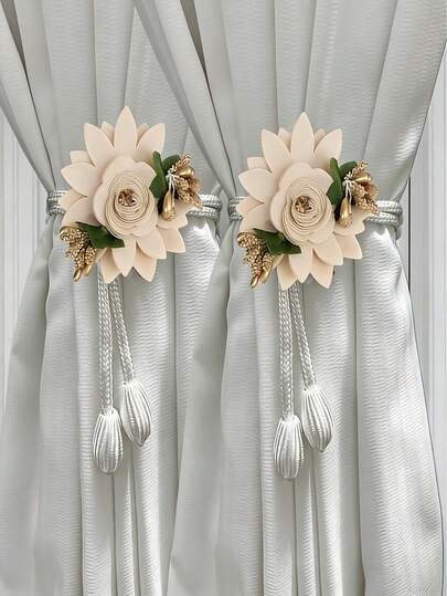 2pcs Elegant Floral Curtain Hooks - Adjustable Curtain Tiebacks, Vintage Romantic Wheat Flower Curtain Ropes, No Drilling Decorative Curtain Hooks For Living Room, Bedroom And Dining Room, Modern Home Decor Curtain Accents, Floral Elements, Boho Tassel, Bedroom And Dining Room Decor, Curtain Accessories, Curtain Holders, Suitable For Valentine's Day, Mother's Day, Wedding, Anniversary Party Decoration