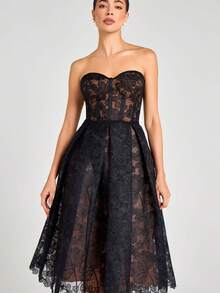 Women's New Strapless Lace Embroidery Sexy Bodycon Evening Dress - màu đen - Xem 1