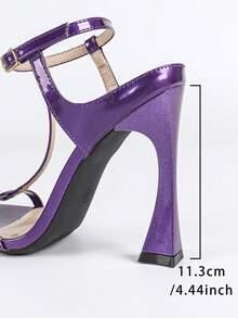 女士尖头漆皮T字带搭扣露趾户外派对细高跟凉鞋，优雅奢华时尚派对/婚礼高跟鞋，紫色 - 紫色 - 查看 3