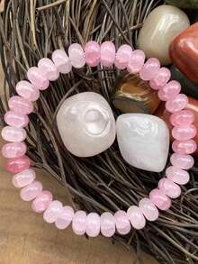 1条手工玫瑰石英水晶脉轮串珠弹力手链 - 象征浪漫与真爱的爱之石，情人节送给女友和妈妈的礼物 - 男女皆宜的生日礼物 - 粉色 - 查看 7