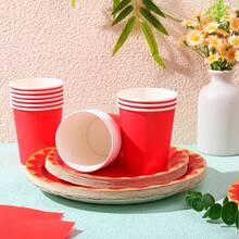 Red & Gold Rim Disposable Tableware Set, Includes 7/9 Inch Paper Plates, Paper Cups, Paper Napkins, Suitable For Birthday Party, Holiday Party, Gathering, Celebration, Wedding Tea Party, Graduation Ceremony Disposable Party Supplies - Bright Red - View 3