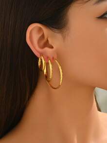 6pcs/Set Retro Stainless Steel Textured Hoop Earrings Set, Suitable For Daily Wear - Multicolor - View 2