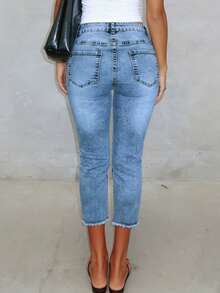 Light Wash Capri Skinny Stretch Denim Jeans, Casual & Commuting Summer - Medium Wash - View 5