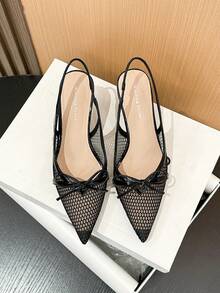 Xin Jing Shoes Women's Elegant Rhinestone Bow Mesh Sexy Fashion Net Yarn Strap Commuting Mid-Heel Shoes - Black - View 10
