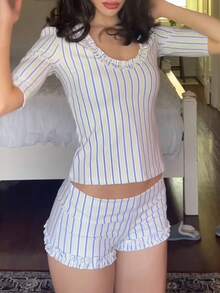 Women's 2 Piece Stripes Shorts Set Ruffle Trim Short Sleeve U Neck Crop Tops And Skinny Booty Shorts Sets Y2K Summer Beach Vacation Going Out Outfit - Light Blue - View 5