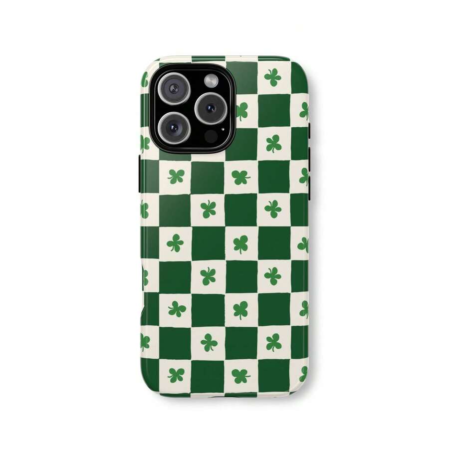 Check PatternLucky Charm Phone Case Green Clover Checkerboard Design Protective Cover Compatible With IPhone 17 16e 15 Plus 14 13 12 11 Pro Max - Green - View 1