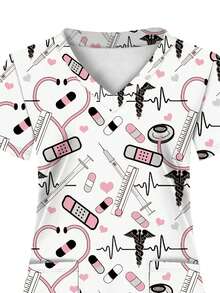 白色底布印花双口袋女式工作服上衣，护士工作服，牙科诊所制服，医疗保健工作服，短袖护士服，针织面料，四季皆宜，春季 - 彩色 - 查看 3