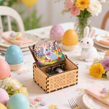 Retro Carved Wood Music Box With Easter Bunny & Basket Of Eggs – Playful Tabletop Ornament For Holiday - Easter Egg Basket Music Box - View 8