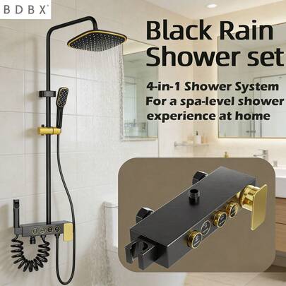 Sistema de ducha negro de lujo 4 en 1, juego de grifería de ducha multifunción con cabezal de ducha de lluvia y ducha de mano, combo de ducha montado en la pared moderno, adecuado para la experiencia de spa en el baño del hogar, fácil instalación