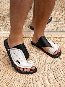 Men's Flat Comfortable Arabic Embroidered Slippers, Middle Eastern Style Sandals - White Black - View 4