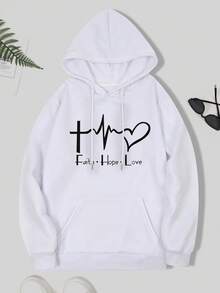 Heart & Letter Graphic Kangaroo Pocket Drawstring Hoodie - White - View 1