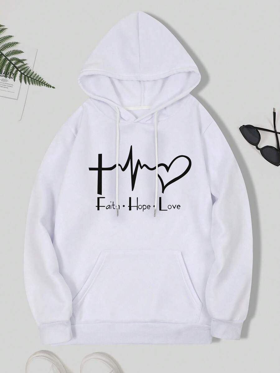 Heart & Letter Graphic Kangaroo Pocket Drawstring Hoodie - White - View 1