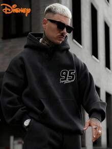 Disney Men's Casual Hoodie, Lightning McQueen Technical Sketch Print, Mechanical Racing Design, Relaxed Fit, Ideal For Car Fans & Daily Streetwear - 黑色 - 查看 2
