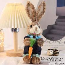 Easter Straw Bunny Decoration Holding Carrot/Eggs/Flowers Rattan Rabbit Figurines Table Centerpiece For Home Farmhouse Holiday Spring Party Tiered Tray Decor - C - View 2