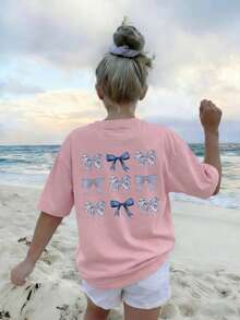 1 Stück Tween Mädchen lässig Schleife Muster Rundhals Kurzarm T-Shirt, Sommer Schüler Jugendkleidung - Künstlerischer Stil T-Shirt, der Fantasie und Selbstausdruck inspiriert - Pink - Übersicht 4
