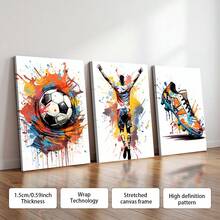 3件套，可选画框，现代涂鸦足球帆布墙画 – 色彩缤纷的运动员和运动鞋图案，都市运动装饰，适用于客厅、卧室和办公室，世界杯装饰画 - 彩色 - 查看 17