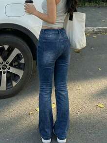 Quần jeans nữ ống loe dáng ôm rách phong cách vintage thường ngày. - Rửa tối - Xem 3