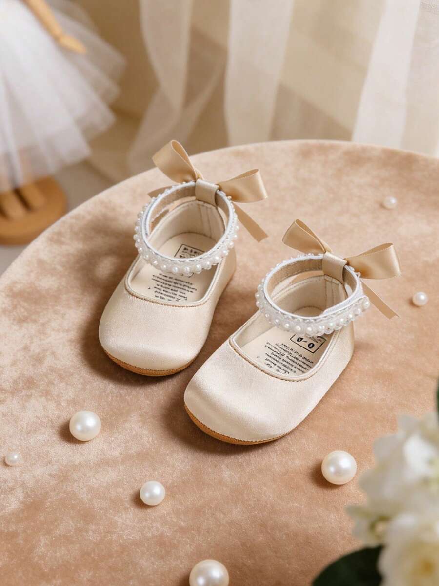 Newborn Baby Girls' Mary Jane Flats, Bow Decor, Non-Slip Soft Bottom PU Leather Infant Prewalker Shoes, Pearl Ribbon
