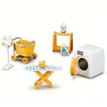 玩具屋洗衣房套装，包括洗衣机、熨斗、吸尘器、置物架和手推车。全套家用玩具屋家具（不含娃娃）。 - 彩色 - 查看 11