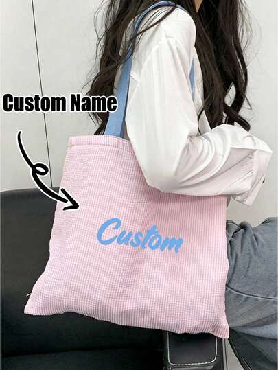 1 chiếc túi tote cỡ lớn có thể tùy chỉnh, túi xách vải bố kẻ sọc, túi đeo vai nữ, túi mua sắm đa năng, túi đựng đồ thông thường, thời trang cho mùa thu/đông, họa tiết kẻ sọc, thiết kế mới, quà tặng cá nhân hóa, dung tích lớn, phù hợp cho sử dụng hàng ngày, du lịch, mua sắm, công tác, đi làm, quà tặng năm mới, quà tặng ngày Valentine