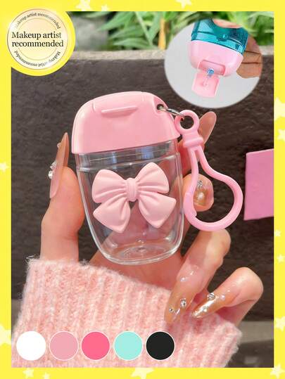 30ml Botella de desinfectante de manos vacía transparente rosa, botella rellenable con tapa abatible, botella de desinfectante de manos con lazo rosa, botella de viaje transparente, con gancho portátil, llavero con gancho de soporte, tapa abatible rosa, botella de desinfectante de manos/perfume con diseño de lazo 3D
