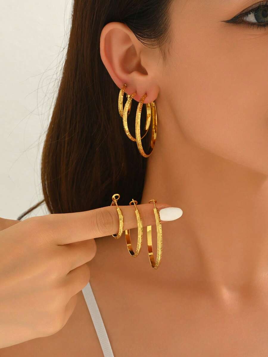 6pcs/Set Retro Stainless Steel Textured Hoop Earrings Set, Suitable For Daily Wear - Multicolor - View 1