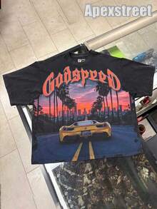 Godspeed Tee  "Orange Sunset", 100% Cotton Printed T-Shirt, High Quality Thick Heavyweight, New Autumn Fashion For Men, Premium Cotton Fabric, Suitable For Street Style, Machine Washable, Daily Gift - 黑色4 - 查看 1