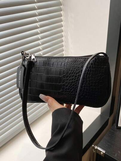 Crocodile Embossed Korean Style Women's Handbag, New Fashion Shoulder Bag, Minimalist Crescent Shaped Tote Bag For Women, Commuting , Green