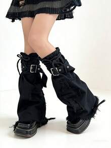 1 双 Y2K 哥特式牛仔布腿套，时尚朋克喇叭形抽绳过膝袜，十字设计，女士款 - 黑色 - 查看 3